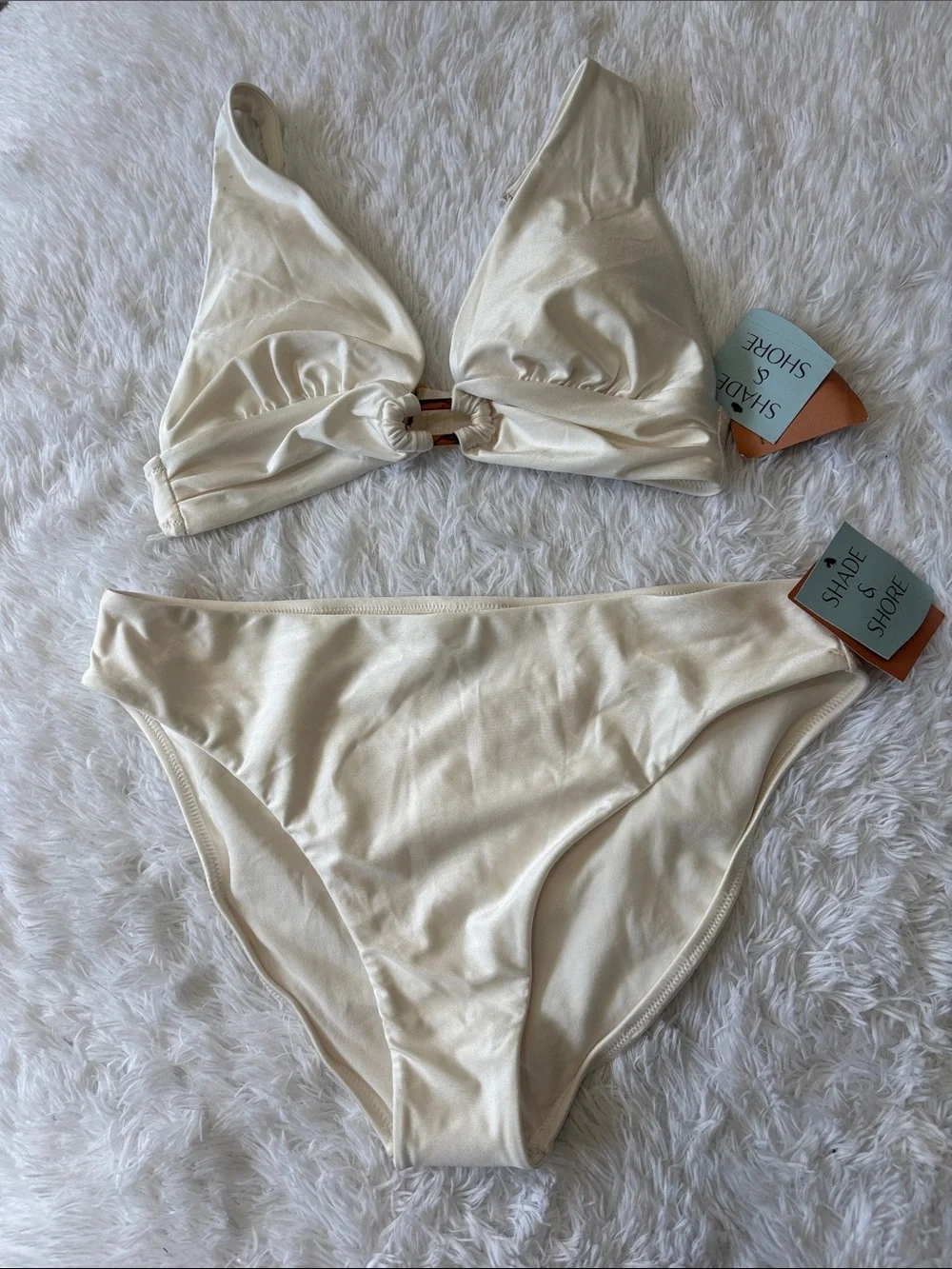 NWT Shade & Shore Off White Shiny 2 Piece Swim Top Size M And Bottoms Size L